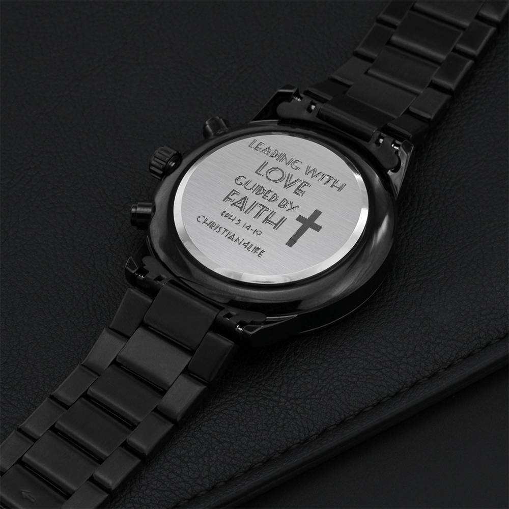 Leading with Love Engraved Design Black Chronograph Watch - Jewelry