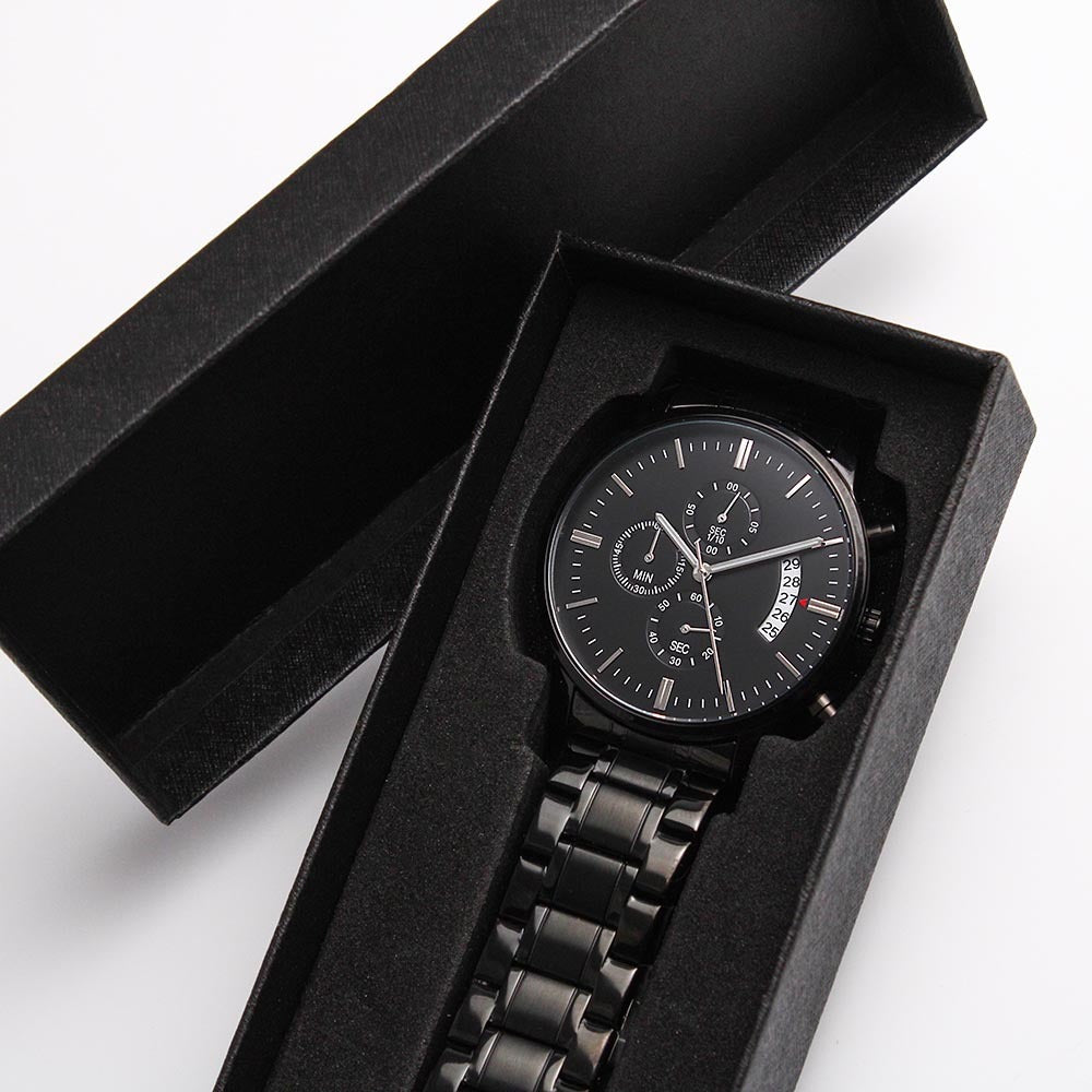 Leading with Love Engraved Design Black Chronograph Watch - Two Tone Box - Jewelry