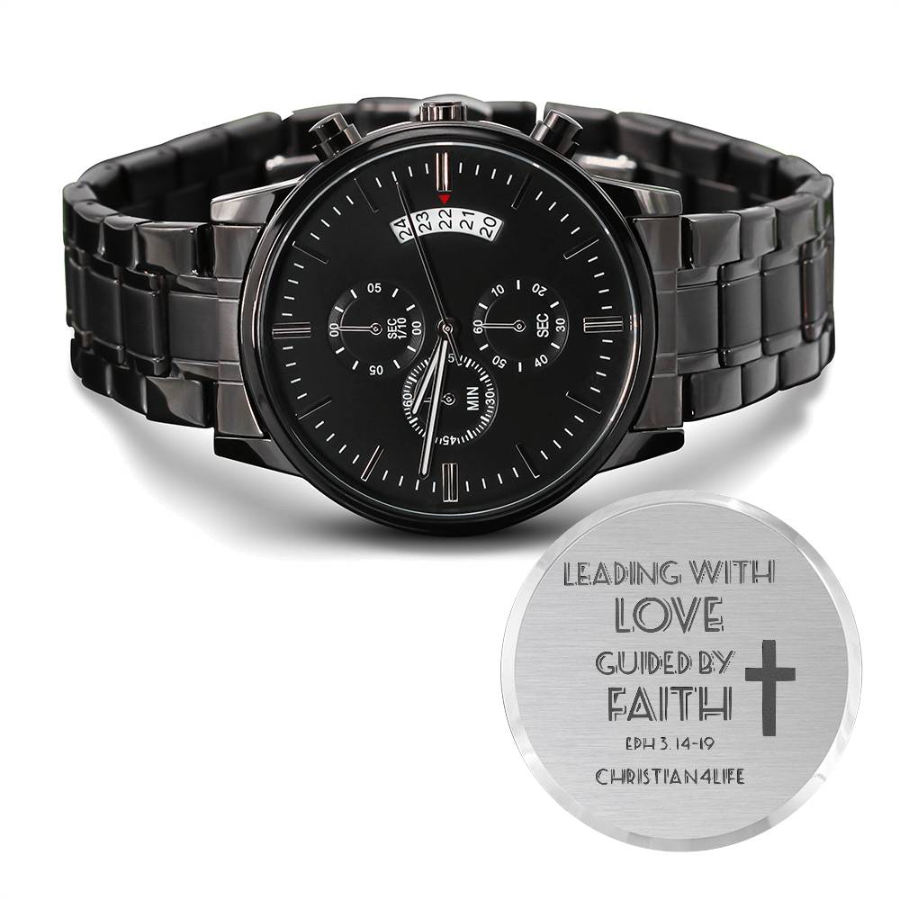 Leading with Love Engraved Design Black Chronograph Watch - Jewelry
