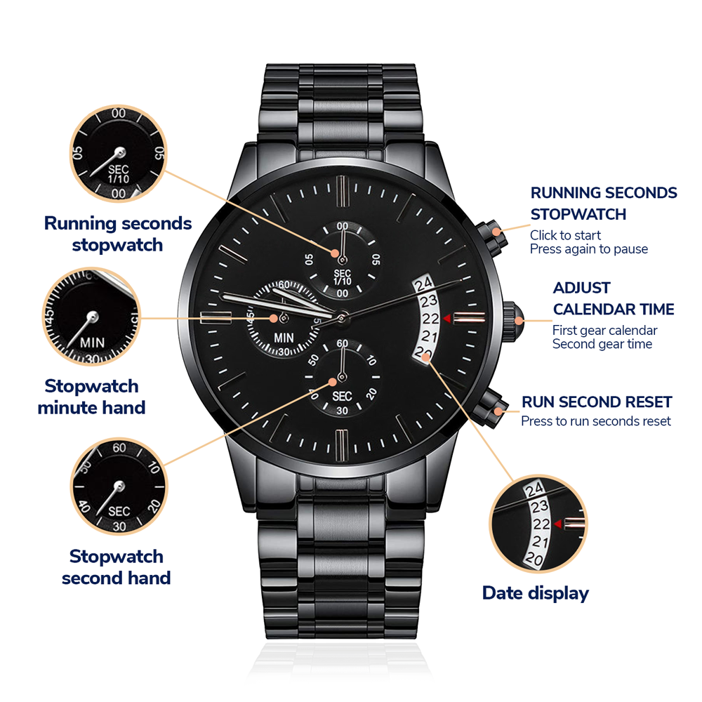 Customizable Engraved Black Chronograph Watch - Jewelry