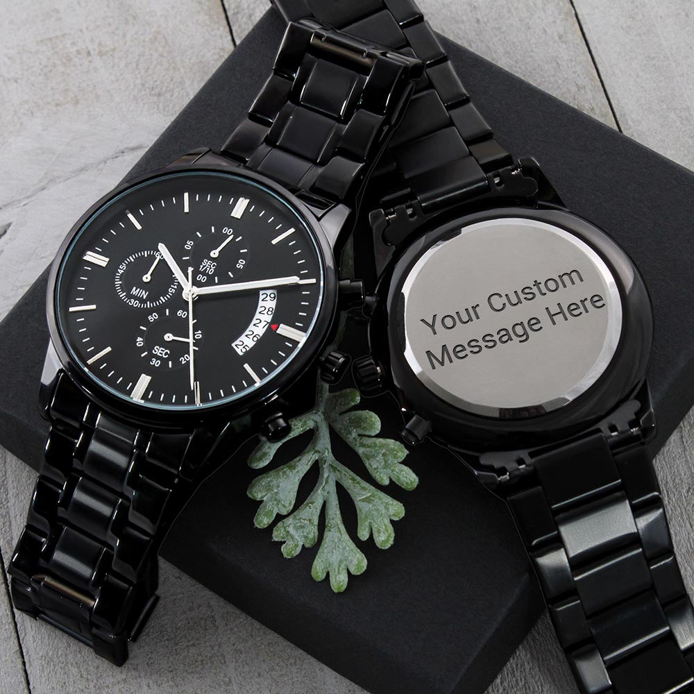 Customizable Engraved Black Chronograph Watch - Two Tone Box - Jewelry