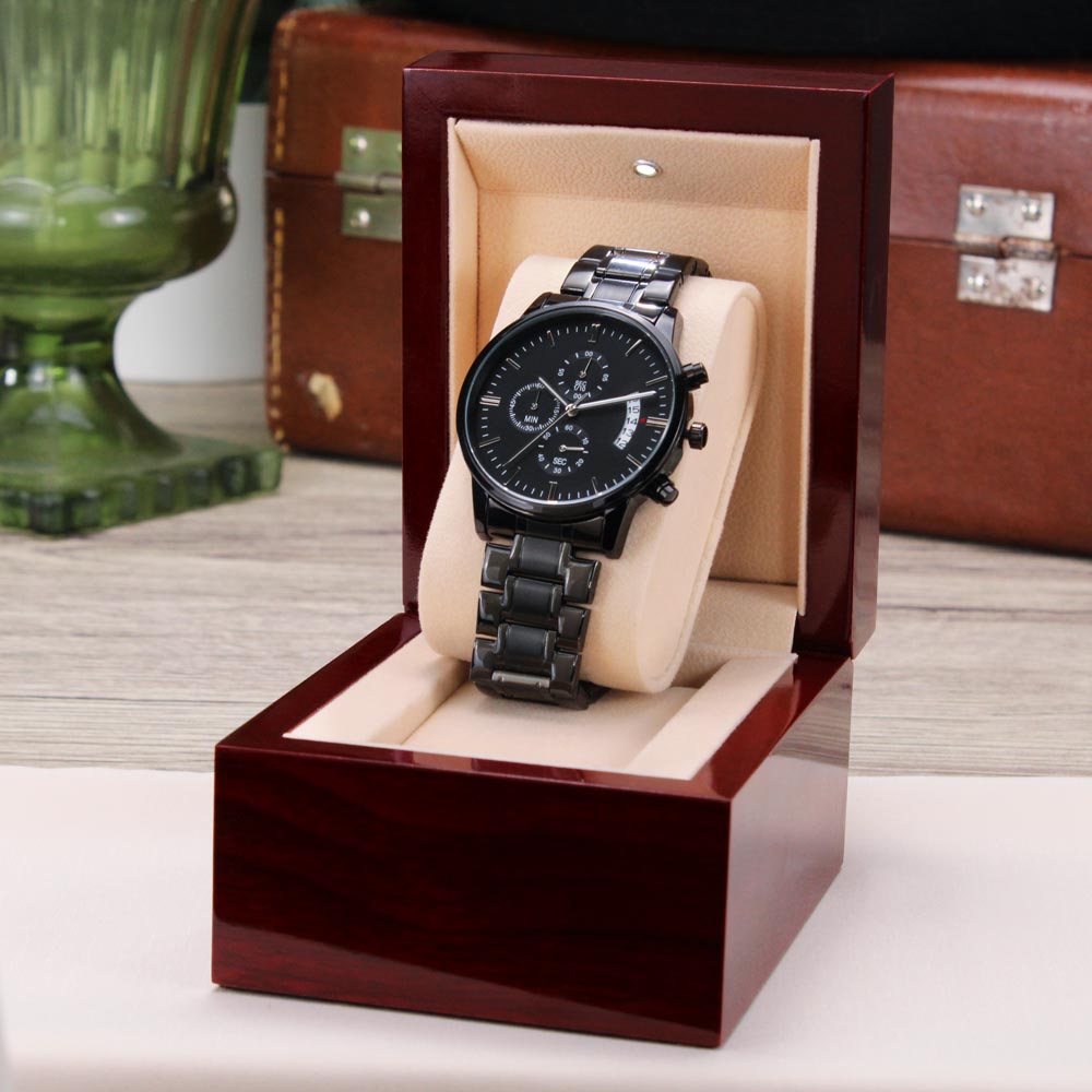 Customizable Engraved Black Chronograph Watch - Luxury Box w/LED - Jewelry