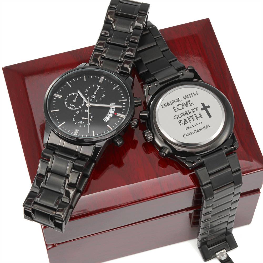 Leading with Love Engraved Design Black Chronograph Watch - Jewelry