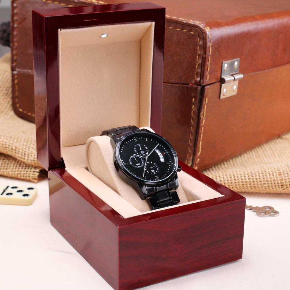 Leading with Love Engraved Design Black Chronograph Watch - Luxury Box w/LED - Jewelry