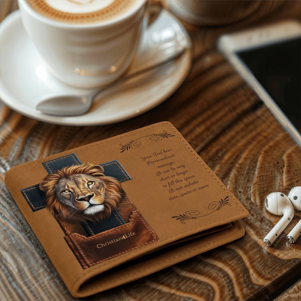 Personalized Lion and Cross Christian4Life Graphic Leather Wallet - Wallets