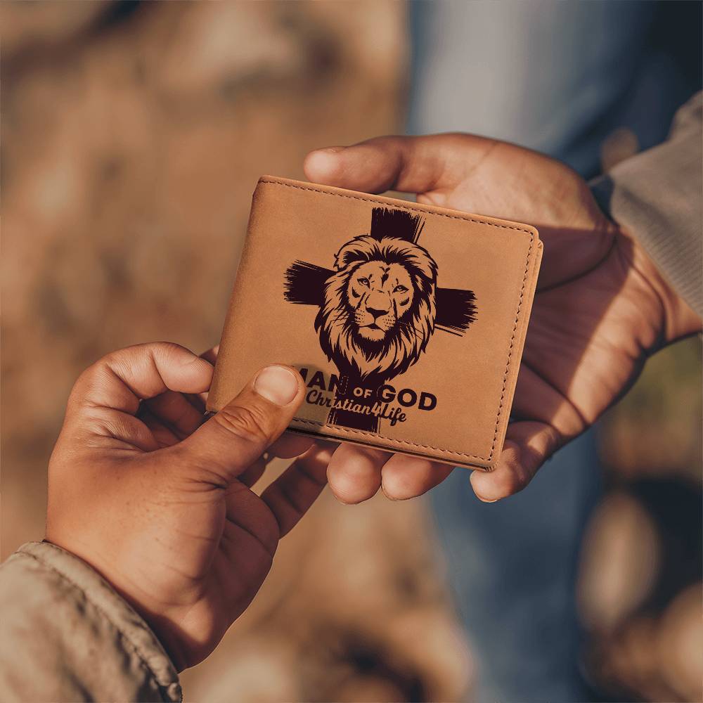 Lion and Cross Christian ’Man of God’ Graphic Leather Wallet - Wallets