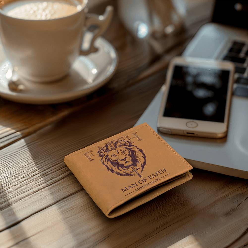 Christian Gift Graphic Lion and Cross Leather Wallet ’Man of Faith’ Christian Wallet Faith gifts - Wallets