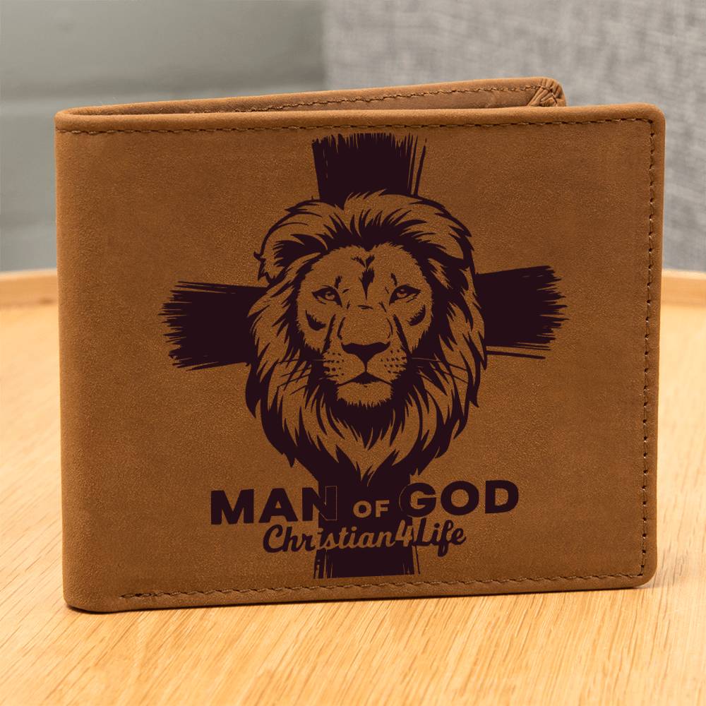Lion and Cross Christian ’Man of God’ Graphic Leather Wallet - Wallets