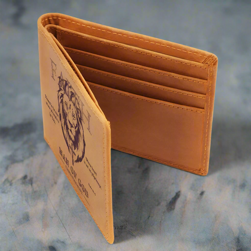 "Man of God" with Psalm 84:5 quote, Graphic Leather Wallet, Christian wallet, Lion and Cross Christian gift