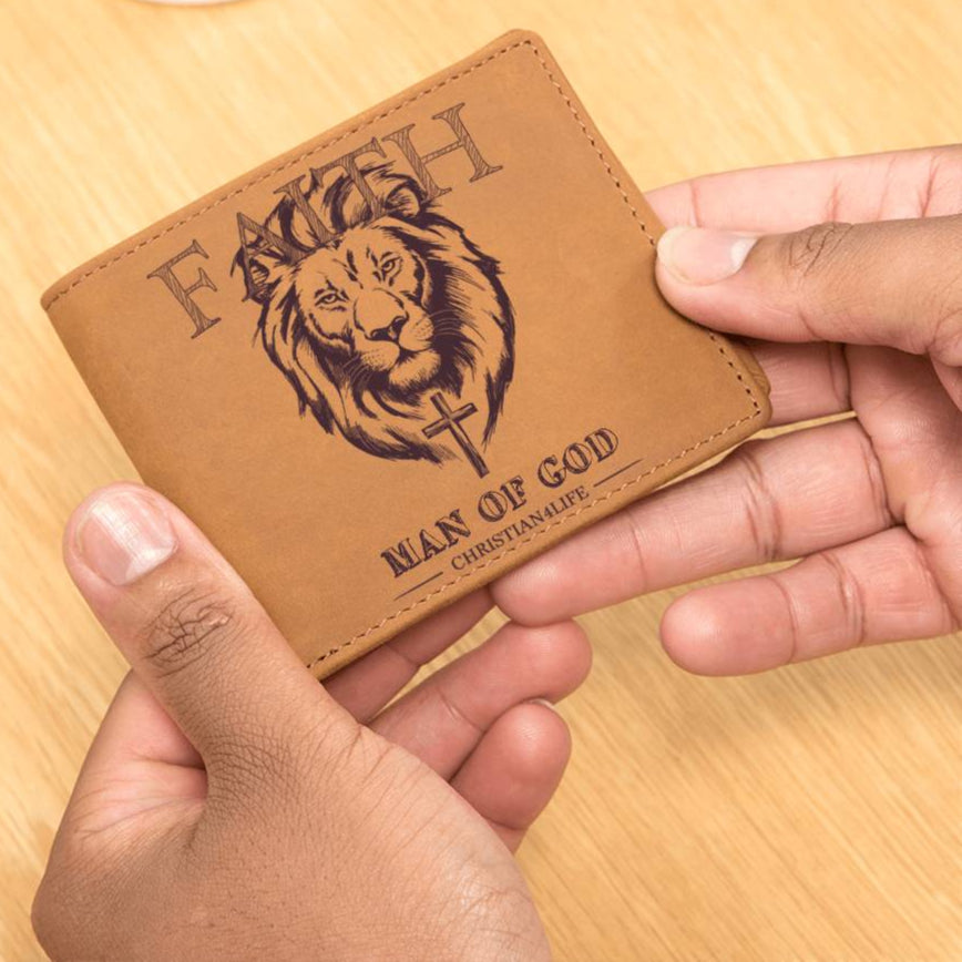 Lion and Cross ’Man of God’ Graphic Leather Wallet Christian Gifts Christian Wallet - Wallets