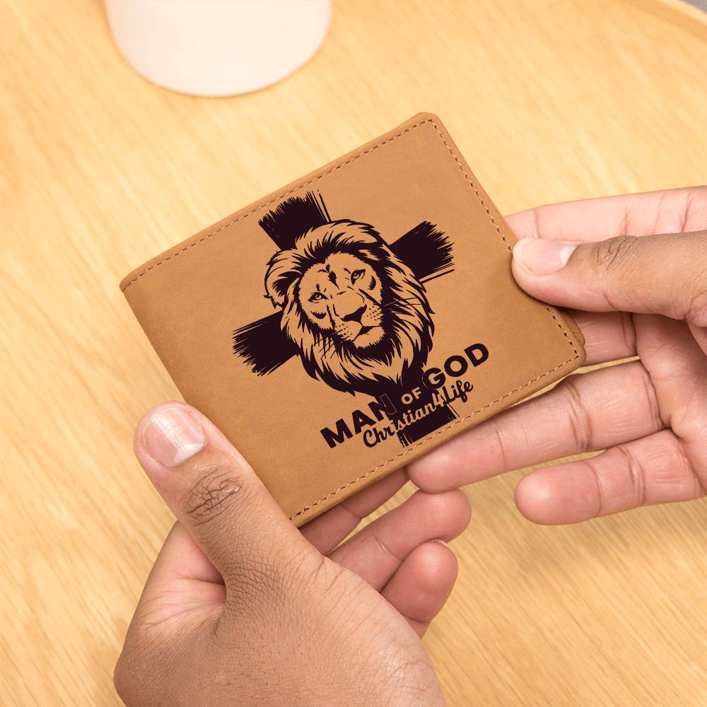 Lion and Cross Christian ’Man of God’ Graphic Leather Wallet - Wallets