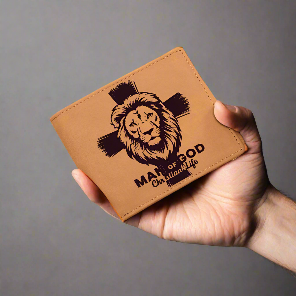Lion and Cross Christian "Man of God" Graphic Leather Wallet