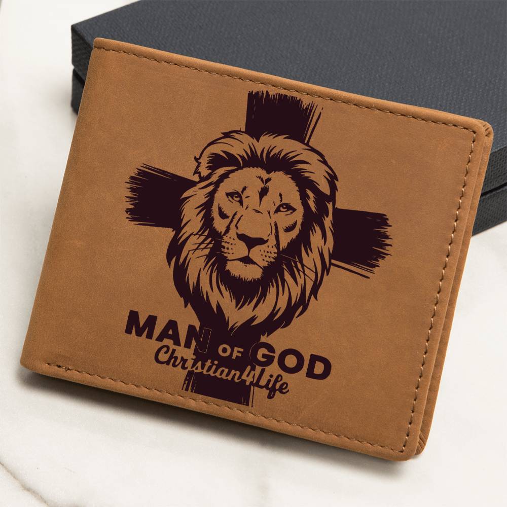 Lion and Cross Christian ’Man of God’ Graphic Leather Wallet - Wallets