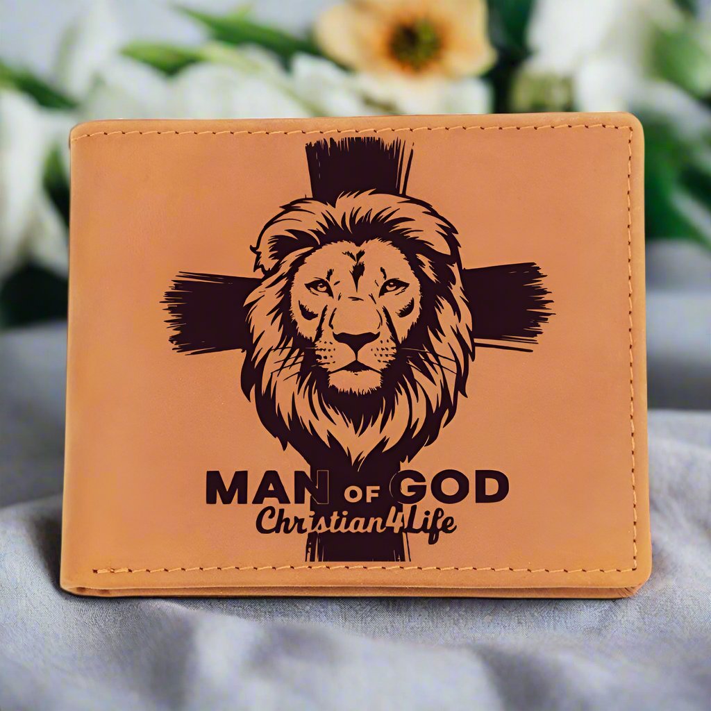 Lion and Cross Christian ’Man of God’ Graphic Leather Wallet - Wallets