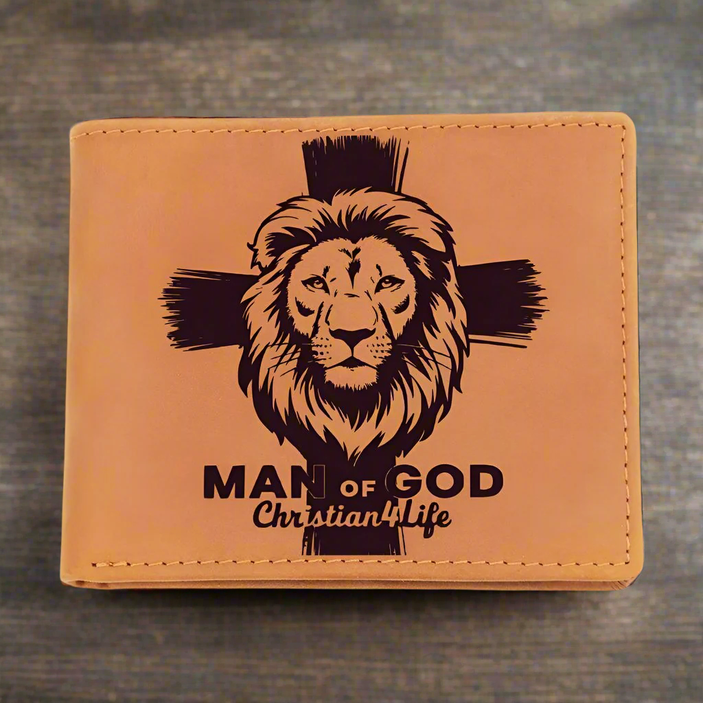 Lion and Cross Christian "Man of God" Graphic Leather Wallet