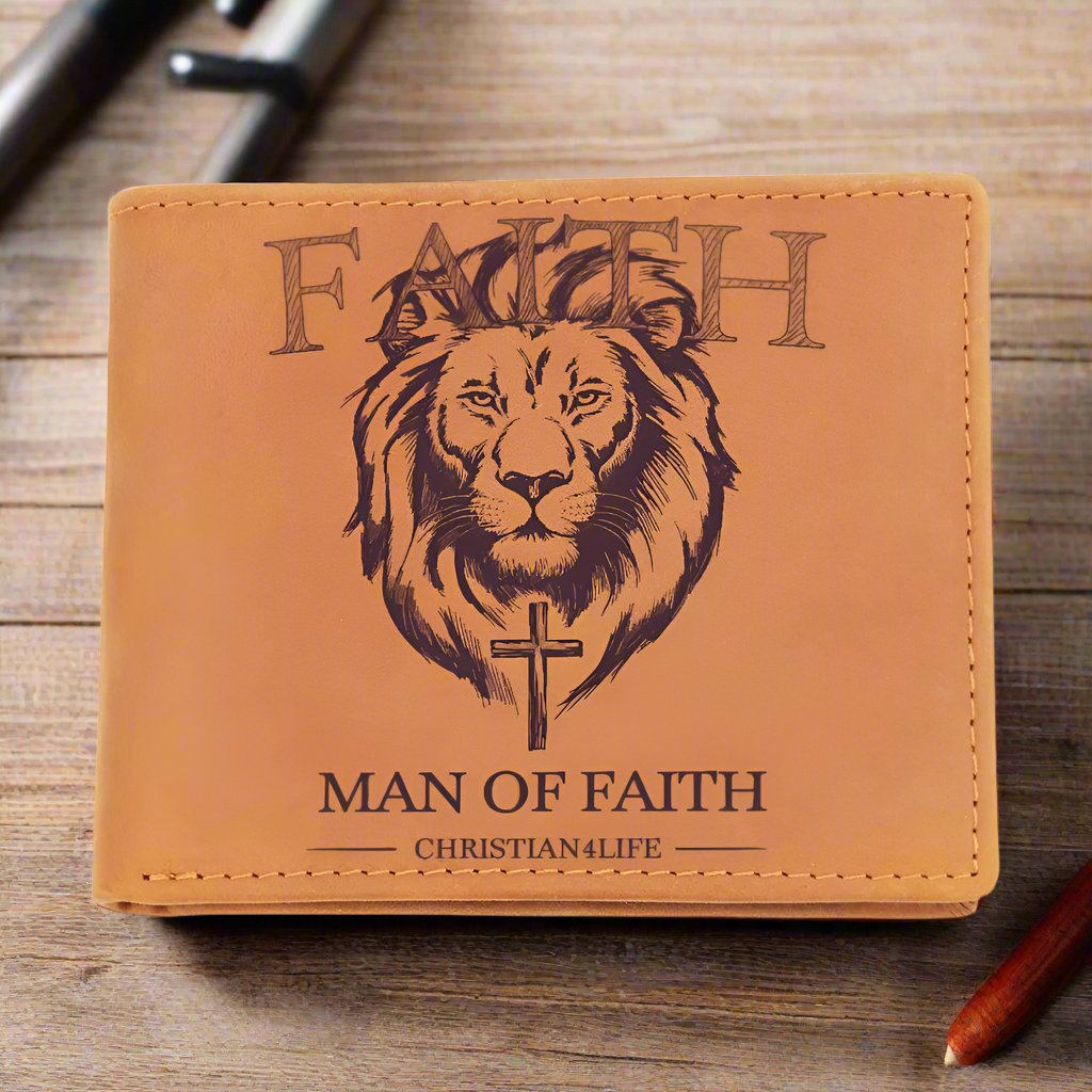 Christian Gift Graphic Lion and Cross Leather Wallet ’Man of Faith’ Christian Wallet Faith gifts - Wallets