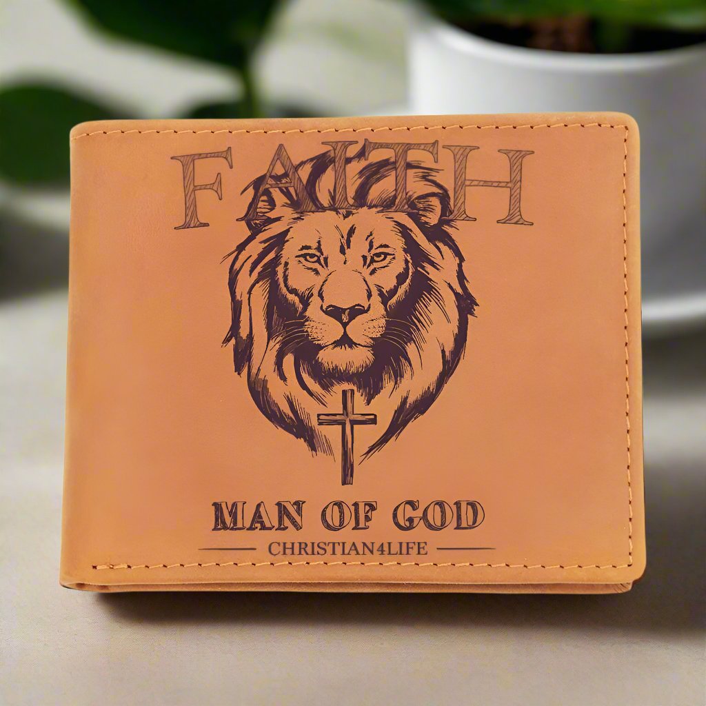 Lion and Cross ’Man of God’ Graphic Leather Wallet Christian Gifts Christian Wallet - Wallets