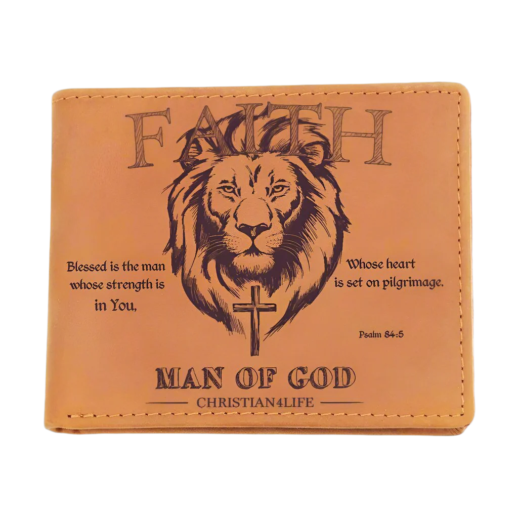 "Man of God" with Psalm 84:5 quote, Graphic Leather Wallet, Christian wallet, Lion and Cross Christian gift