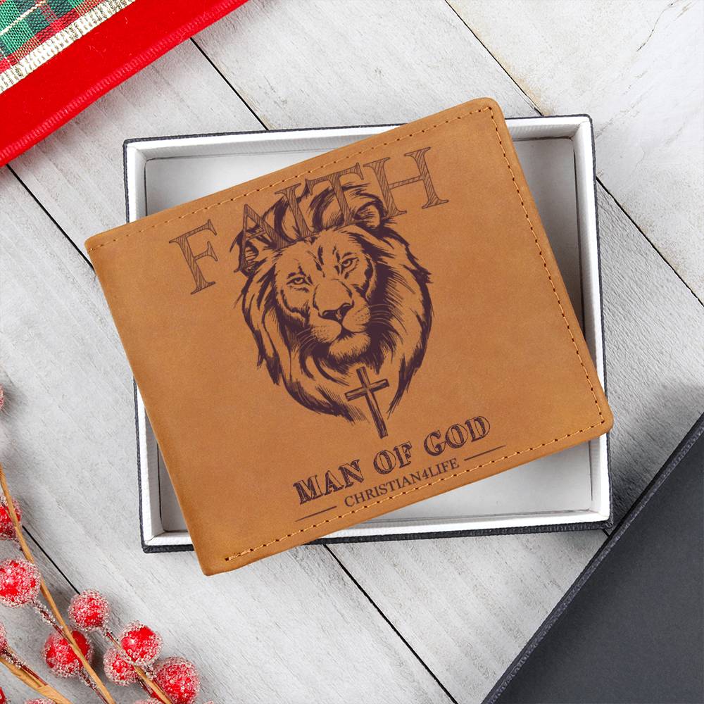 Lion and Cross ’Man of God’ Graphic Leather Wallet Christian Gifts Christian Wallet - Wallets