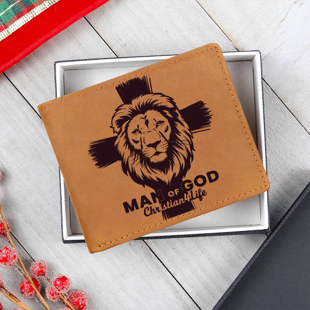 Lion and Cross Christian ’Man of God’ Graphic Leather Wallet - Wallets