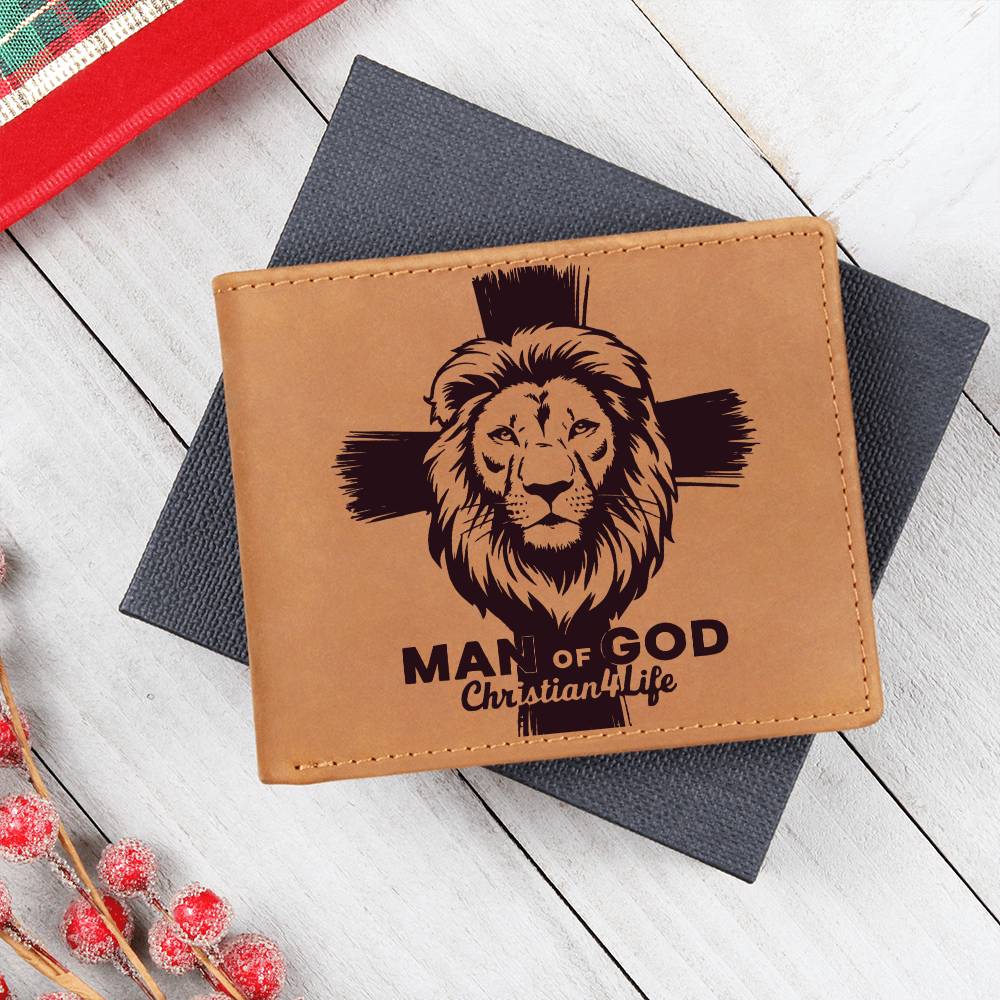 Lion and Cross Christian ’Man of God’ Graphic Leather Wallet - Wallets