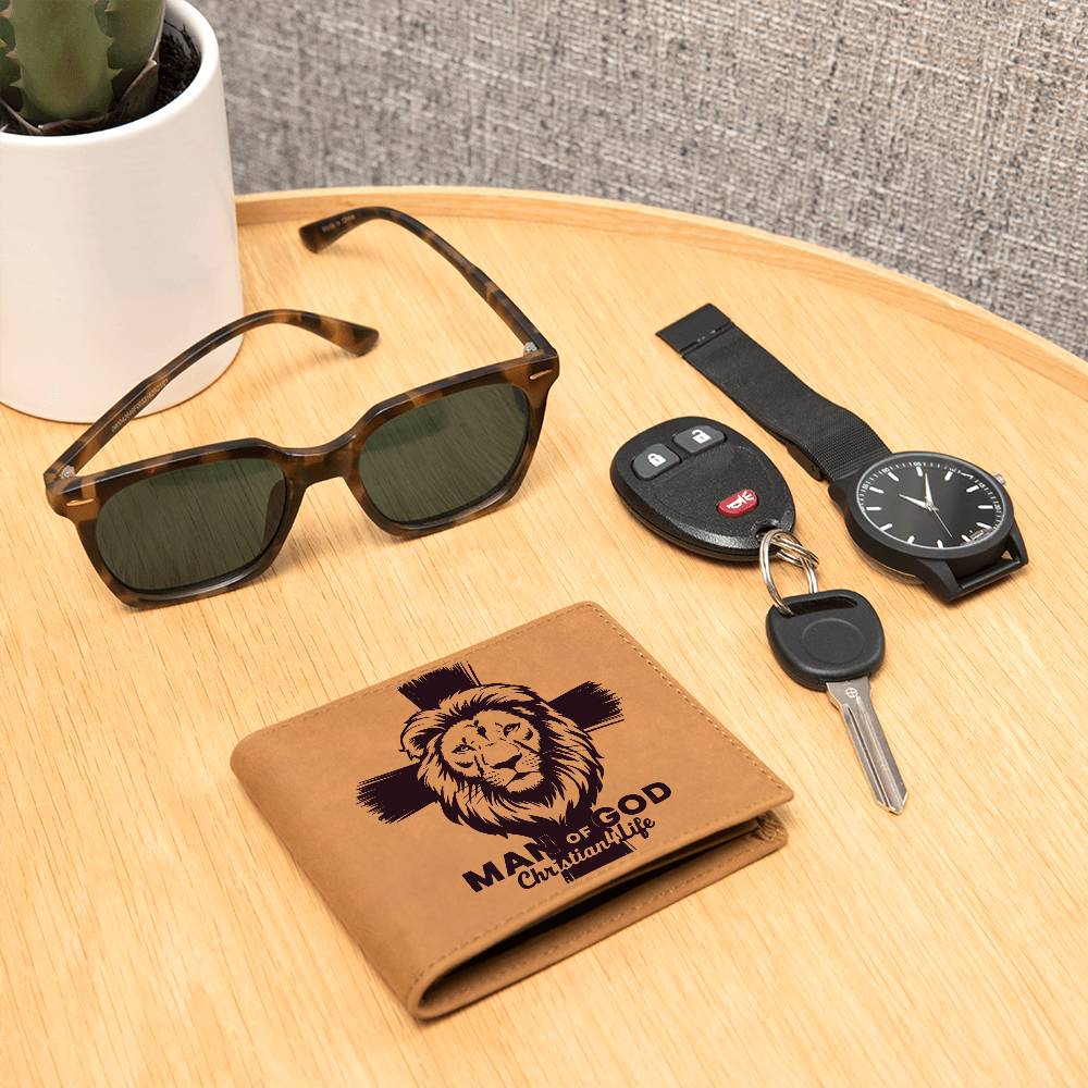Lion and Cross Christian ’Man of God’ Graphic Leather Wallet - Wallets