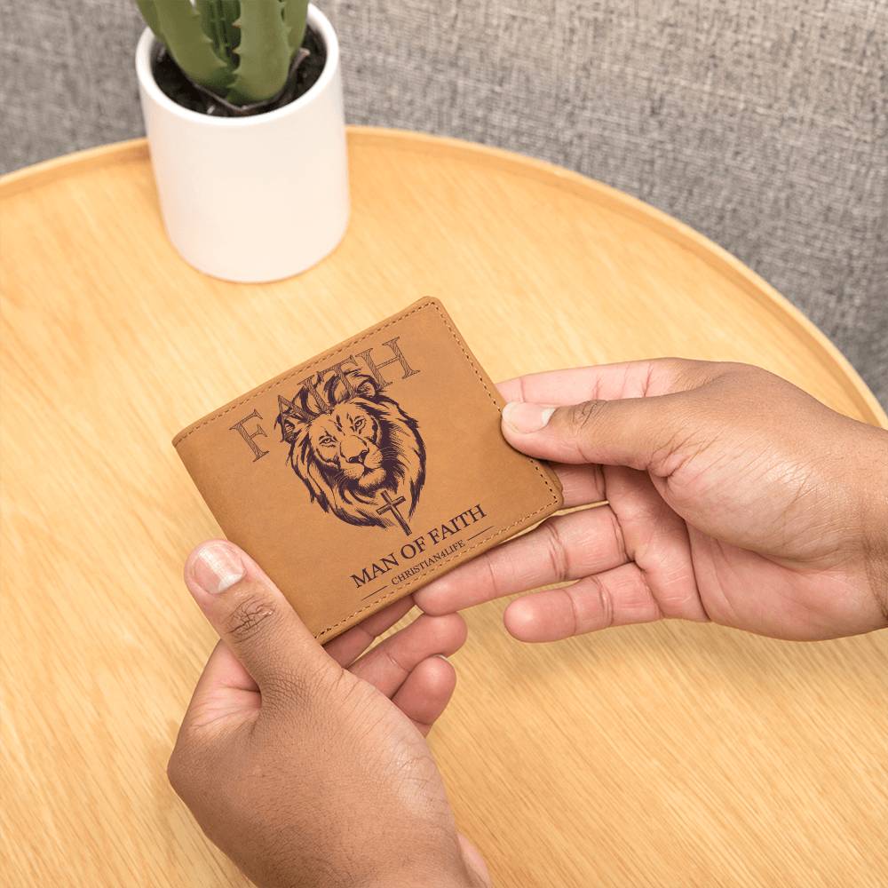 Christian Gift Graphic Lion and Cross Leather Wallet ’Man of Faith’ Christian Wallet Faith gifts - Wallets