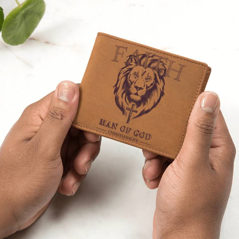 Lion and Cross ’Man of God’ Graphic Leather Wallet Christian Gifts Christian Wallet - Wallets