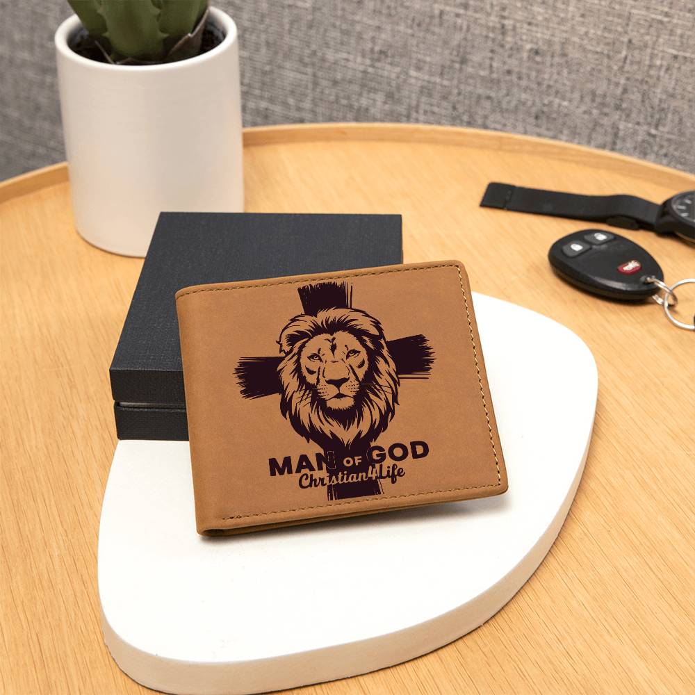 Lion and Cross Christian ’Man of God’ Graphic Leather Wallet - Wallets