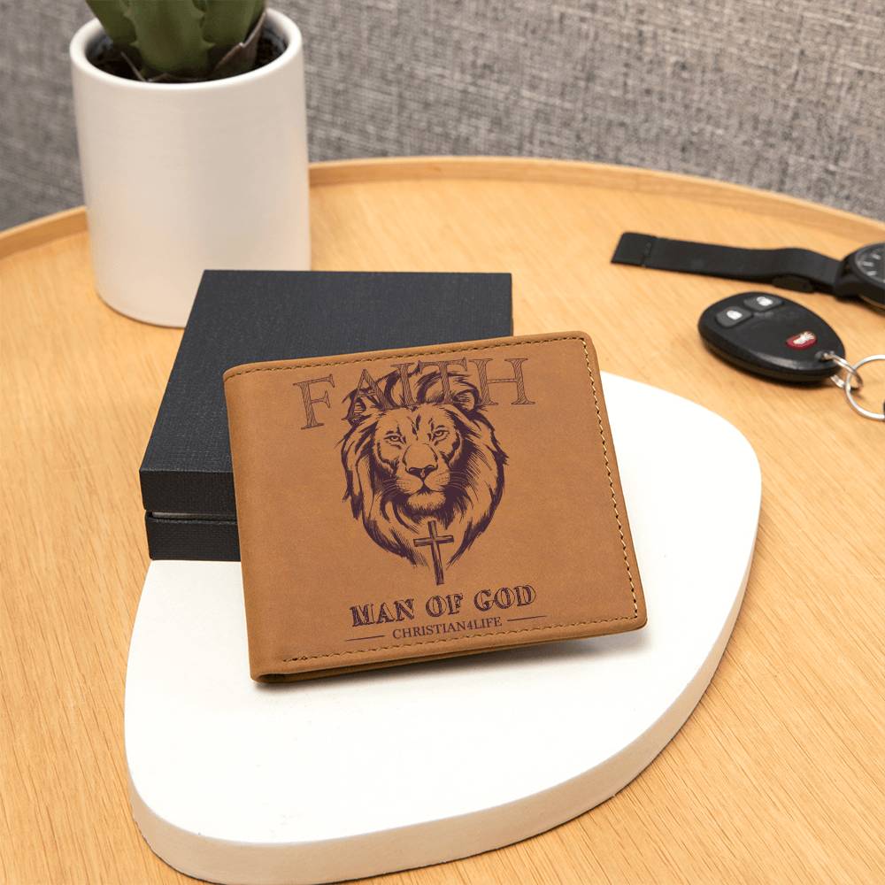 Lion and Cross ’Man of God’ Graphic Leather Wallet Christian Gifts Christian Wallet - Wallets