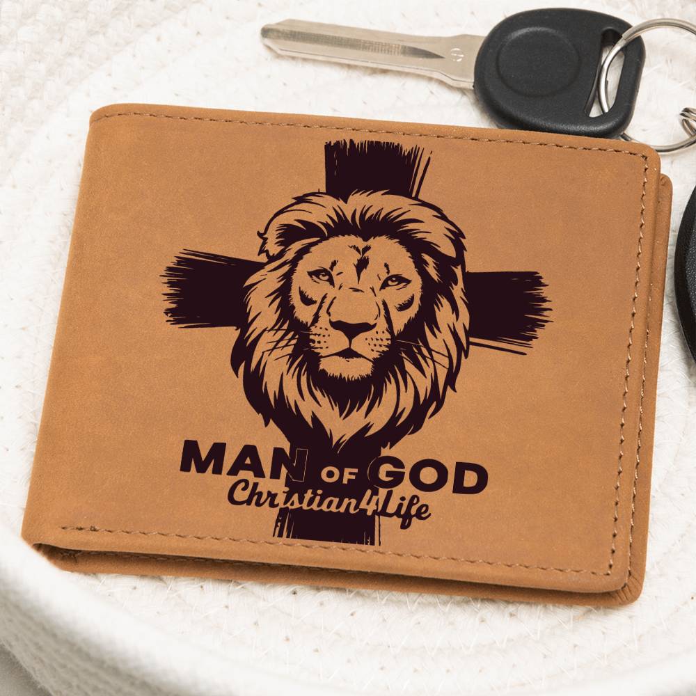 Lion and Cross Christian ’Man of God’ Graphic Leather Wallet - Wallets