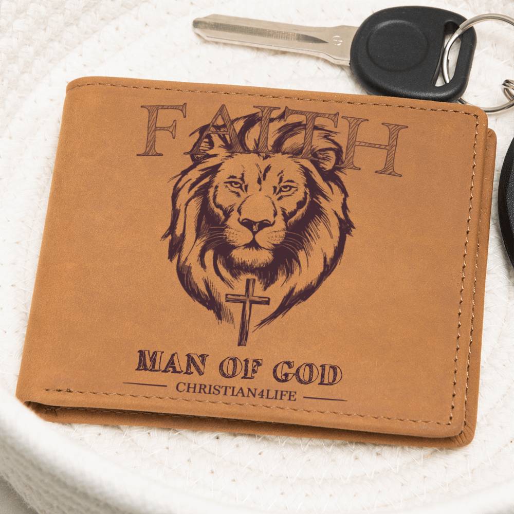 Lion and Cross ’Man of God’ Graphic Leather Wallet Christian Gifts Christian Wallet - Wallets