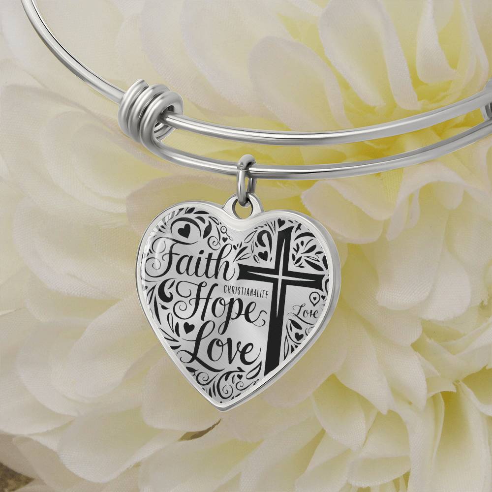 Personalized ’Faith Hope Love’ Heart Bangle Bracelet - Jewelry