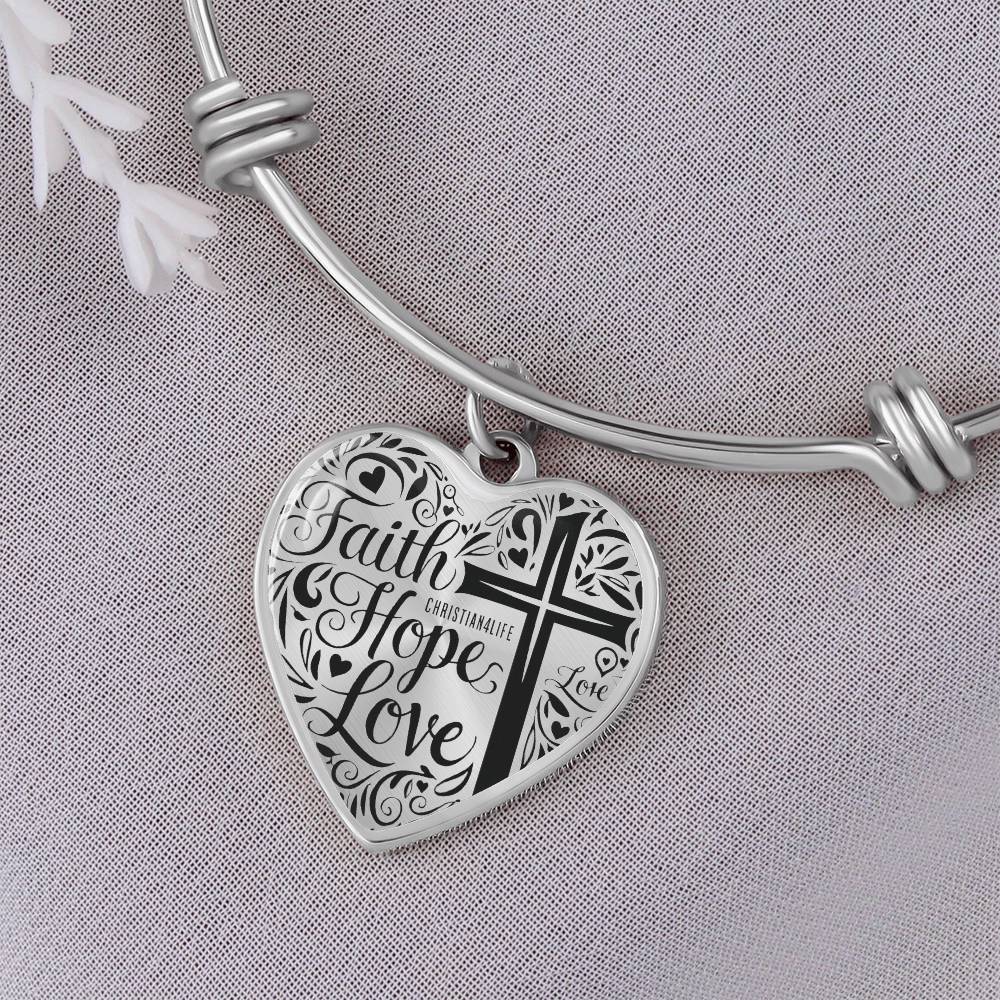 Personalized ’Faith Hope Love’ Heart Bangle Bracelet - Jewelry