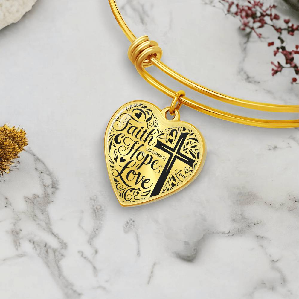 Personalized ’Faith Hope Love’ Heart Bangle Bracelet - Heart Pendant Gold Bangle / No - Jewelry