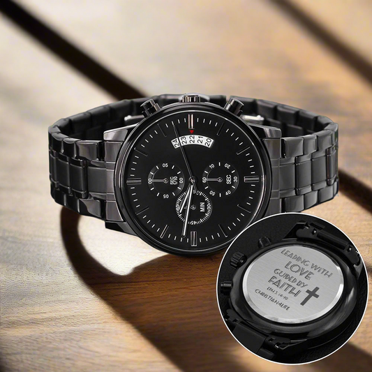 Leading with Love Engraved Design Black Chronograph Watch - Jewelry