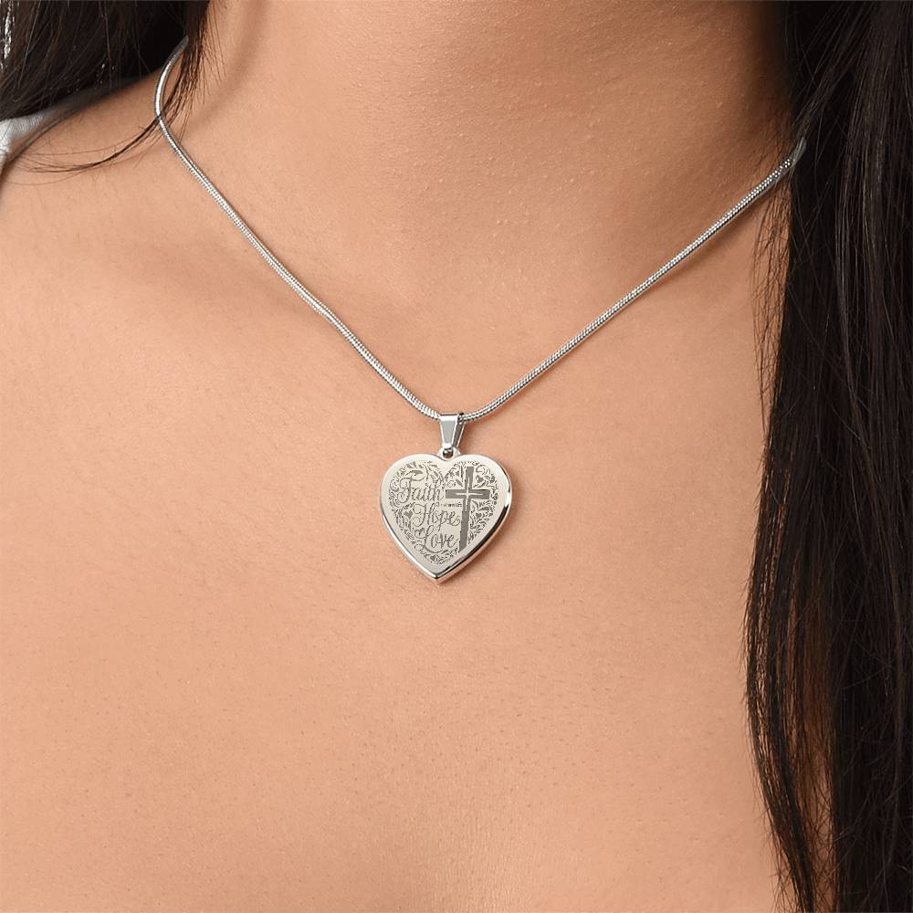 Engraved Faith Hope Love Heart Necklace (with personalized message) - Jewelry