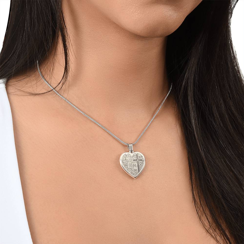 Engraved Faith Hope Love Heart Necklace (with personalized message) - Jewelry