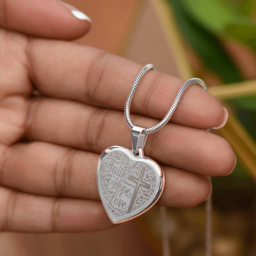 Engraved Faith Hope Love Heart Necklace (with personalized message) - Jewelry