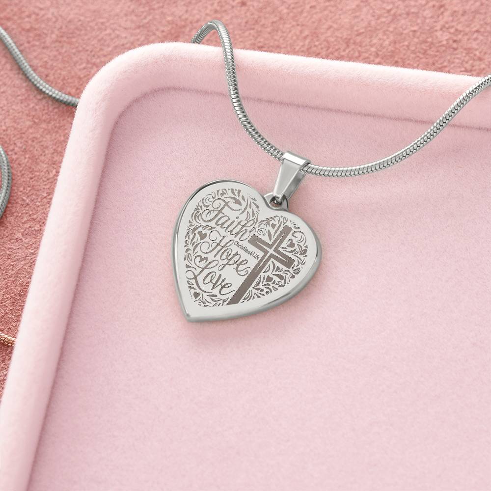 Engraved Faith Hope Love Heart Necklace (with personalized message) - Jewelry