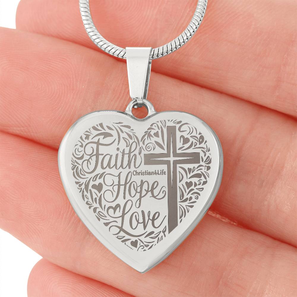 Engraved Faith Hope Love Heart Necklace (with personalized message) - Jewelry