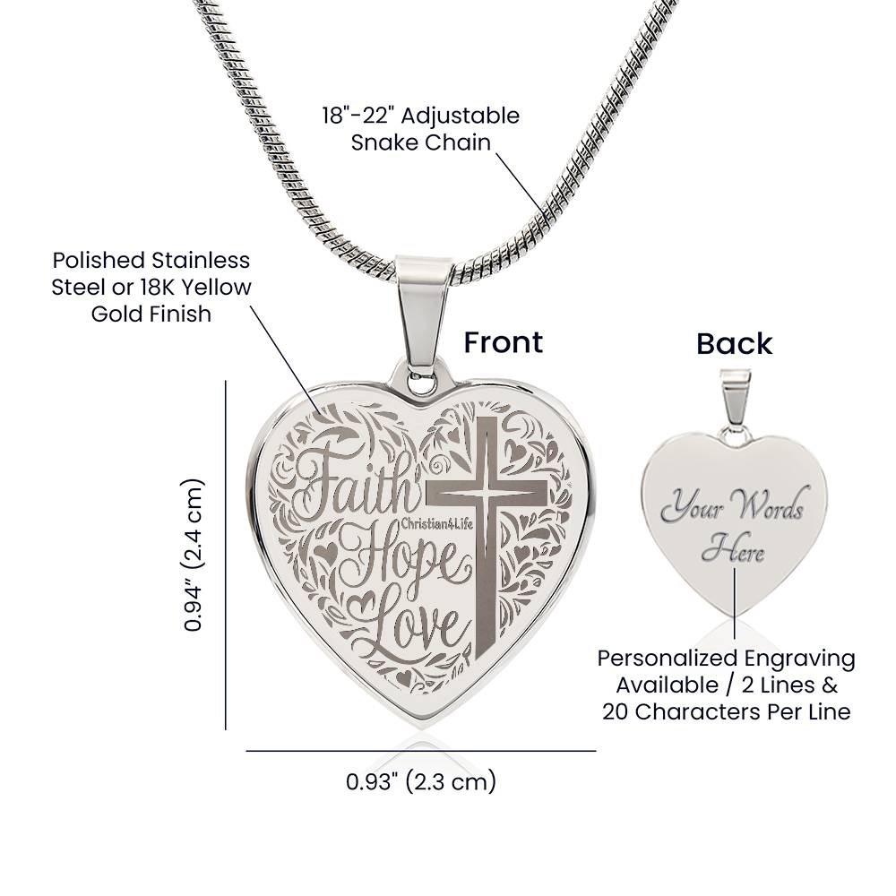 Engraved Faith Hope Love Heart Necklace (with personalized message) - Jewelry