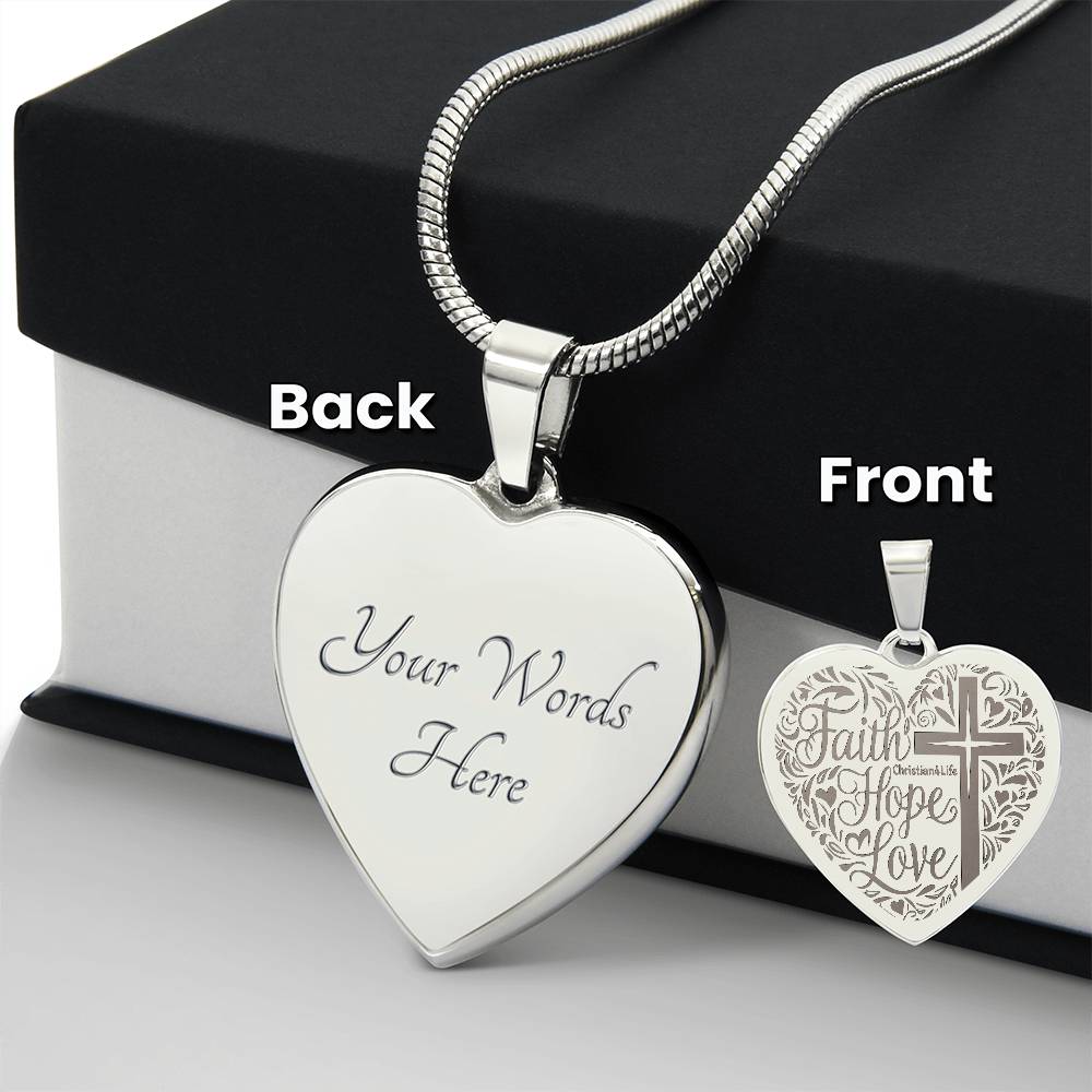 Engraved Faith Hope Love Heart Necklace (with personalized message) - Polished Stainless Steel / Yes - Jewelry