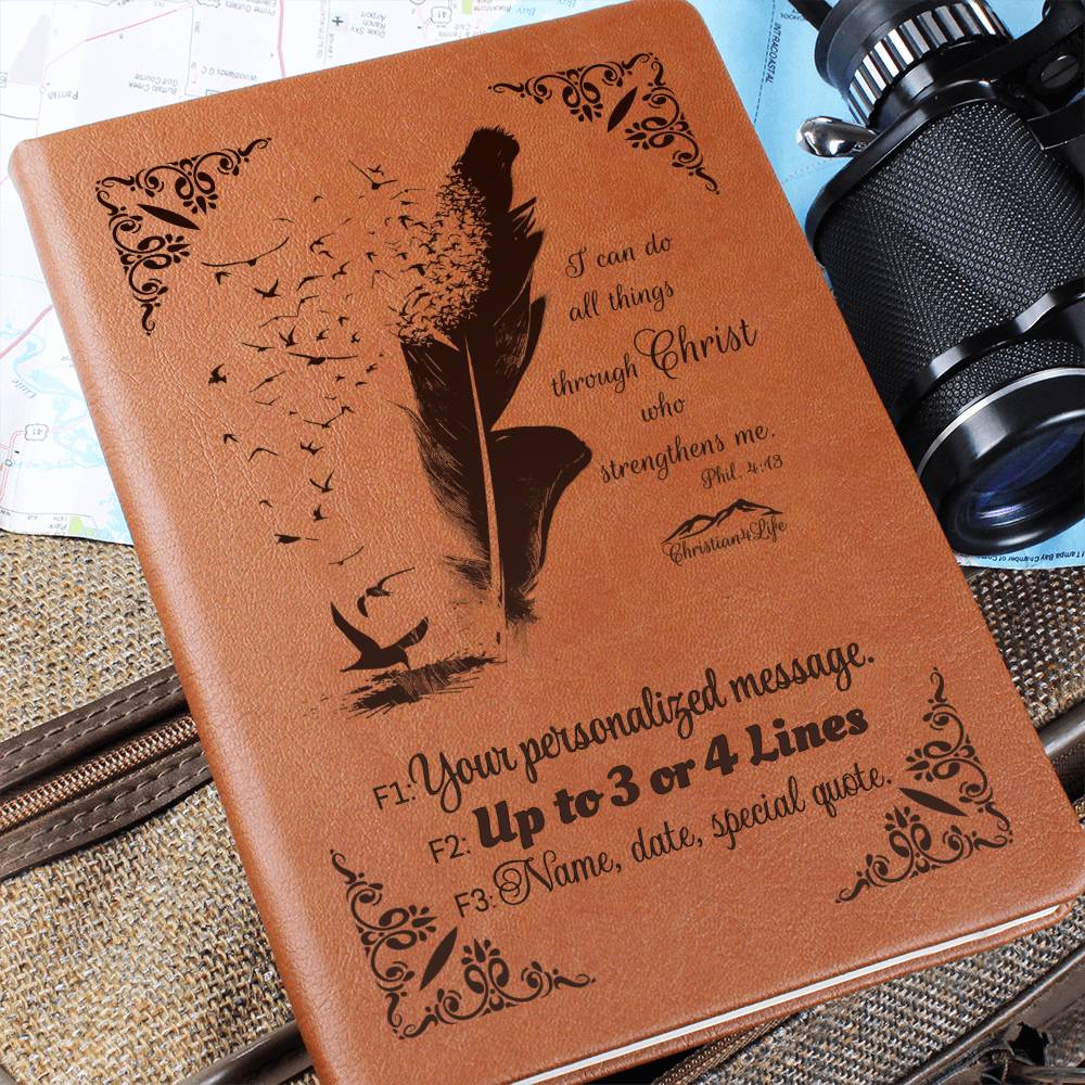 Personalized ’I can do all things though Christ’ Christian Notebook Journal (Brown feather) - Journals