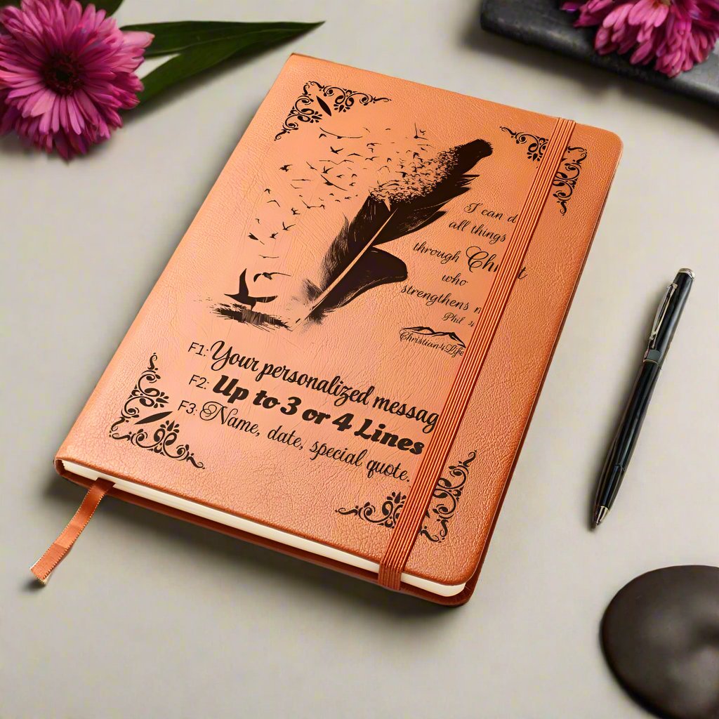 Personalized ’I can do all things though Christ’ Christian Notebook Journal (Brown feather) - Journals