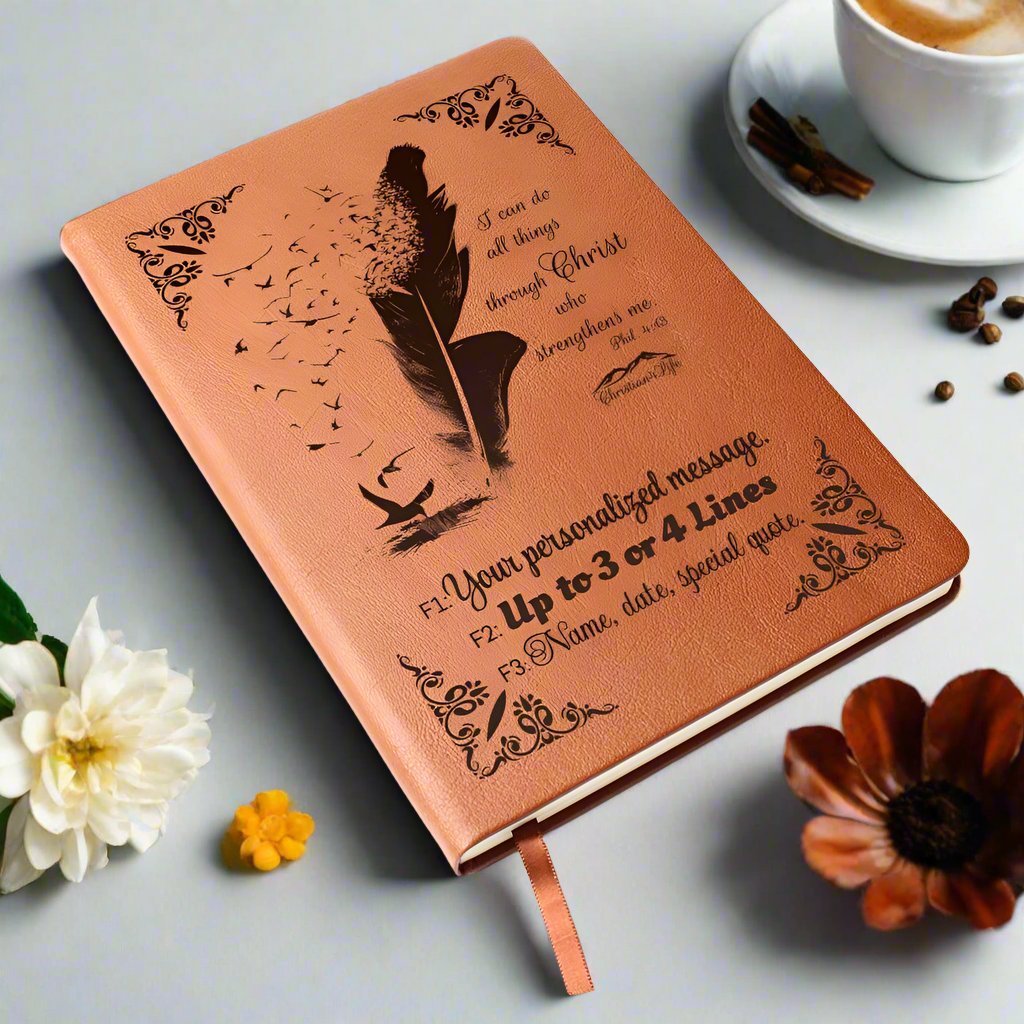 Personalized ’I can do all things though Christ’ Christian Notebook Journal (Brown feather) - Journals
