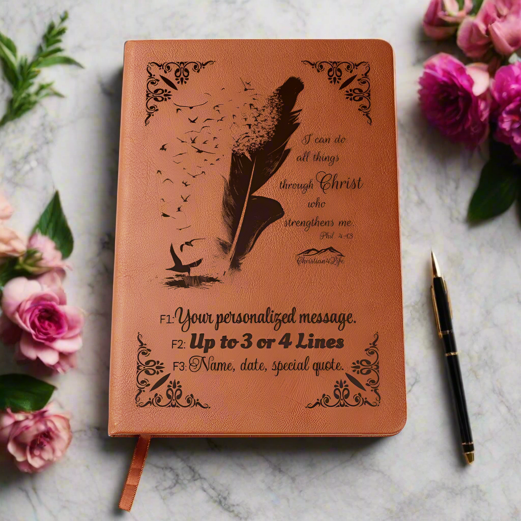 Personalized ’I can do all things though Christ’ Christian Notebook Journal (Brown feather) - Journals