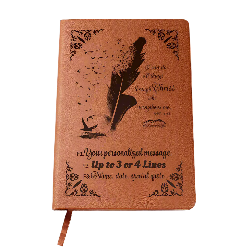 Personalized ’I can do all things though Christ’ Christian Notebook Journal (Brown feather) - Journals