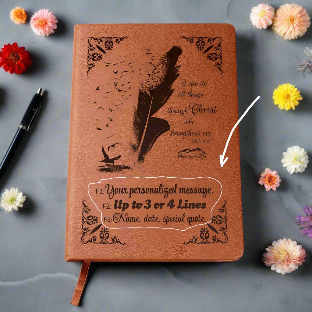 Personalized ’I can do all things though Christ’ Christian Notebook Journal (Brown feather) - Journals