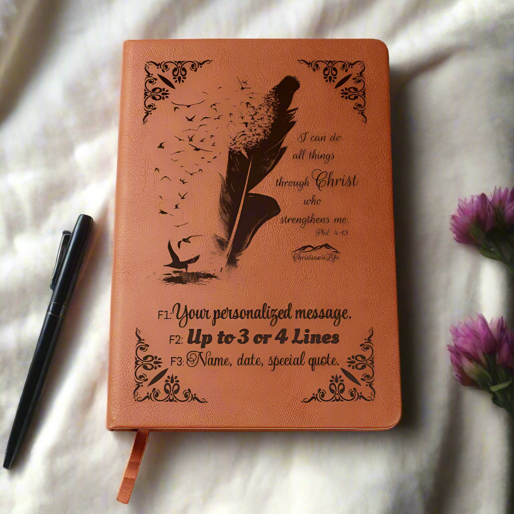 Personalized ’I can do all things though Christ’ Christian Notebook Journal (Brown feather) - Journals